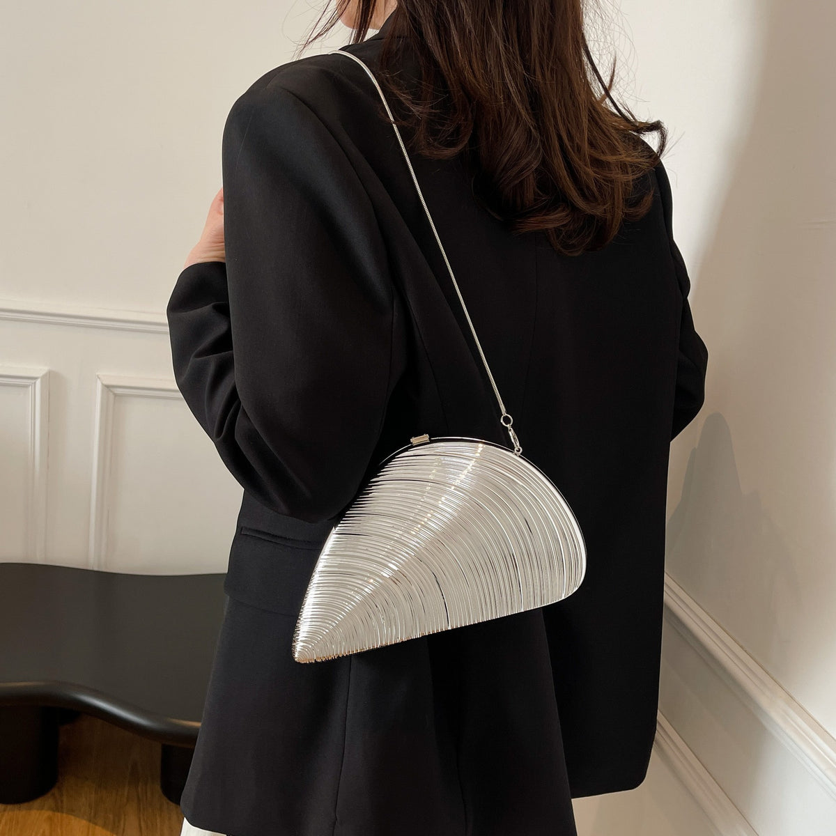 Metallic Shell Clutch Bag with Chain Strap