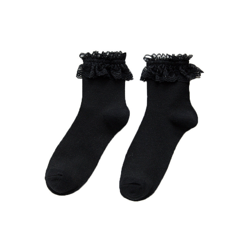 Mesh Panel Lace Cuff Ankle Socks - black