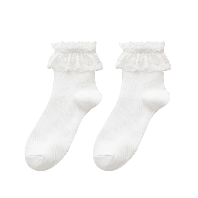 Mesh Panel Lace Cuff Ankle Socks - white