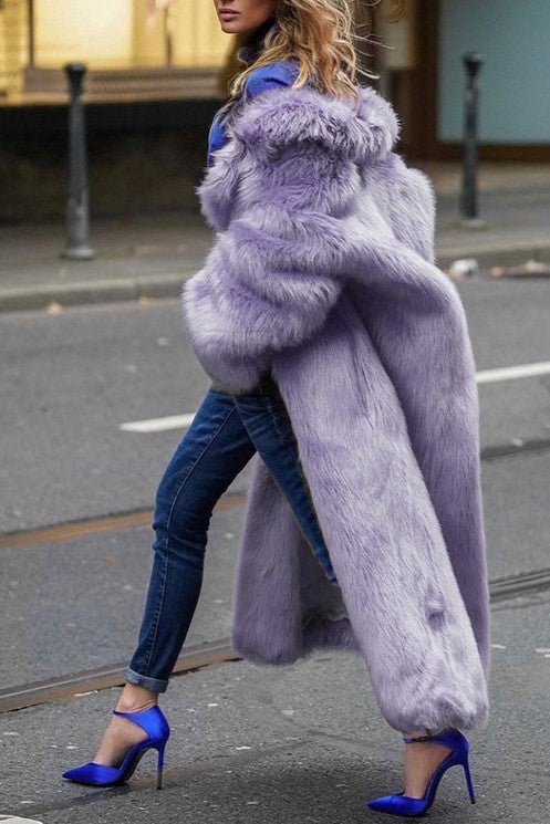 Oversized Shag Faux Fur Longline Coat - violet - 3