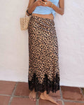 Leopard Maxi Skirt With Scalloped Lace Hem - Leopard