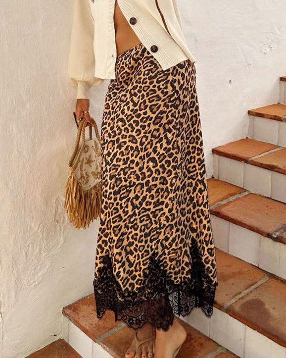 Leopard Maxi Skirt With Scalloped Lace Hem - Leopard - 1