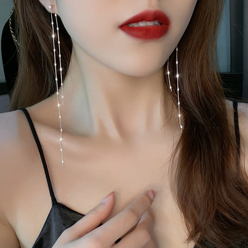 Long Beaded Chain Tassel Earrings - Silver