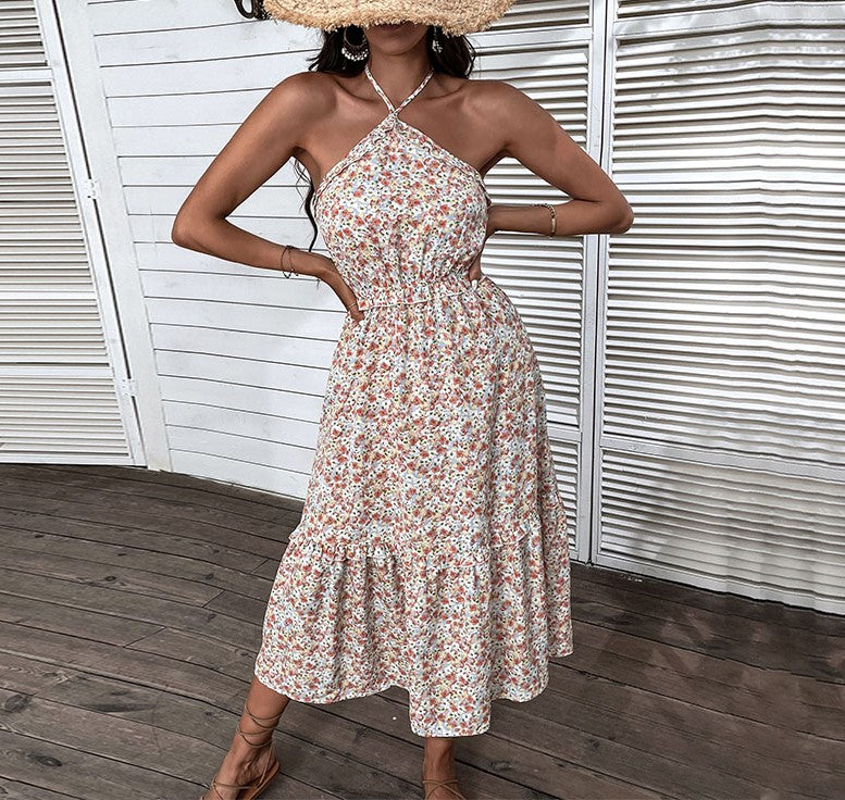 Ditsy Floral Halter Neck Midi Dress - Orange