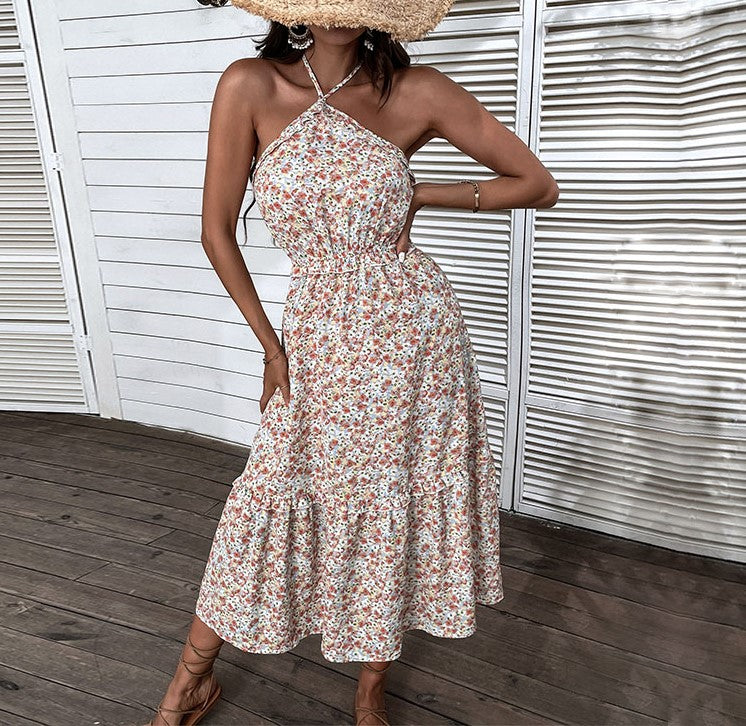 Ditsy Floral Halter Neck Midi Dress - Orange - 1