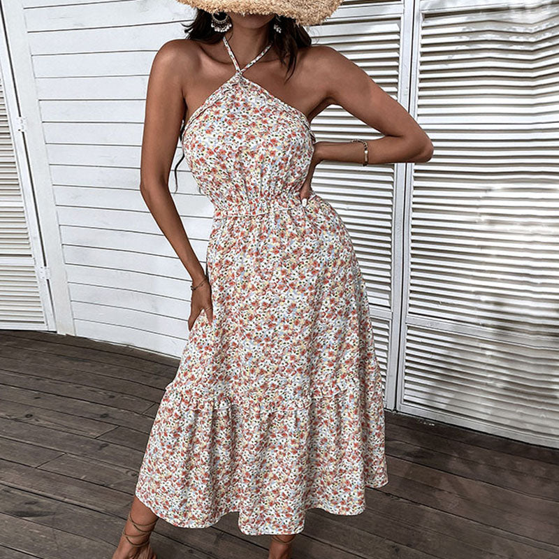 Ditsy Floral Halter Neck Midi Dress - Orange - 3