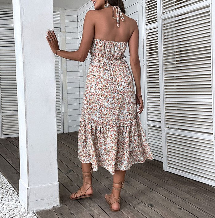 Ditsy Floral Halter Neck Midi Dress - Orange - 4