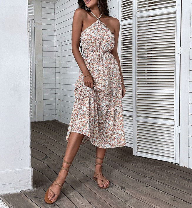 Ditsy Floral Halter Neck Midi Dress - Orange - 5
