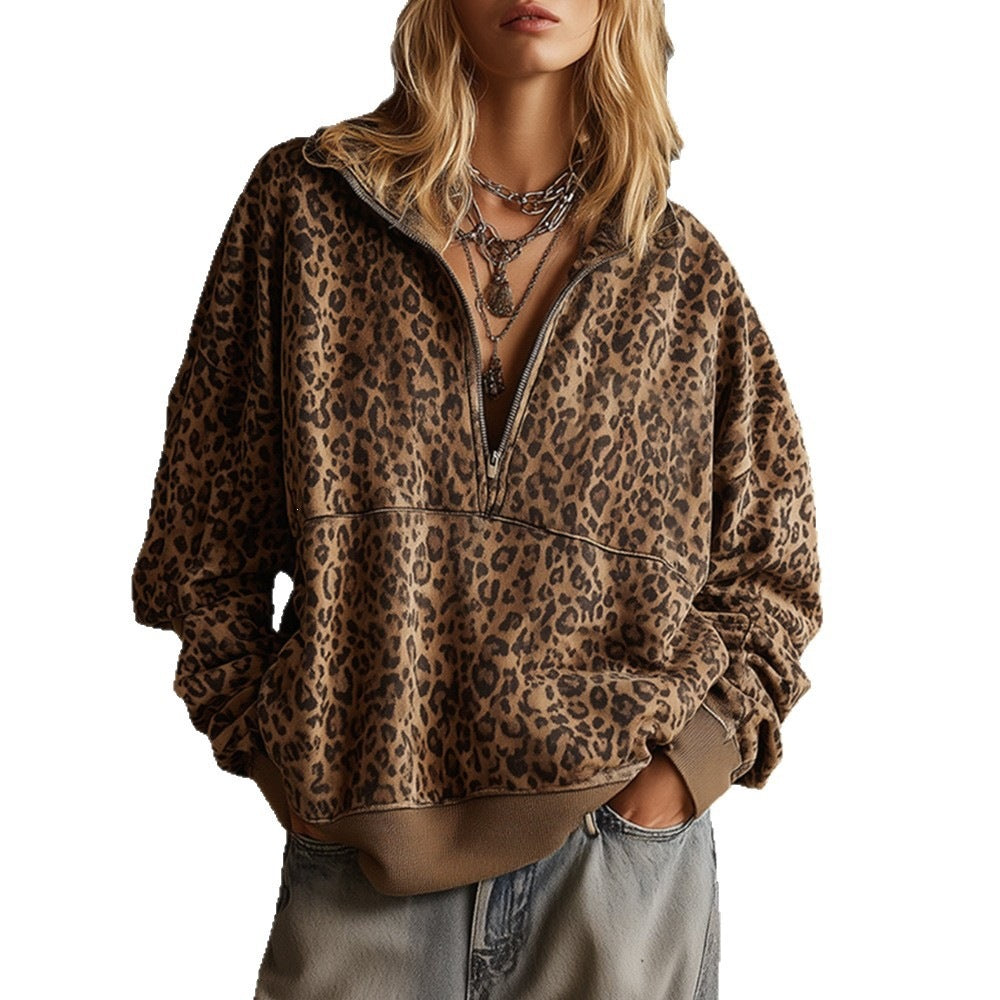 Oversized Leopard Sweatshirt With Half Zip Collar - Coffee