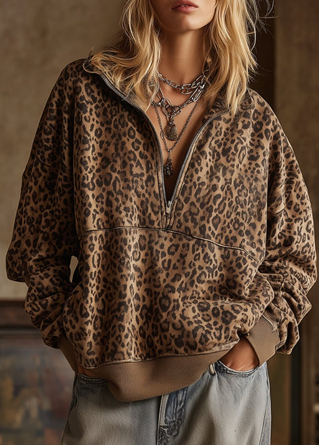 Oversized Leopard Sweatshirt With Half Zip Collar - Coffee - 1