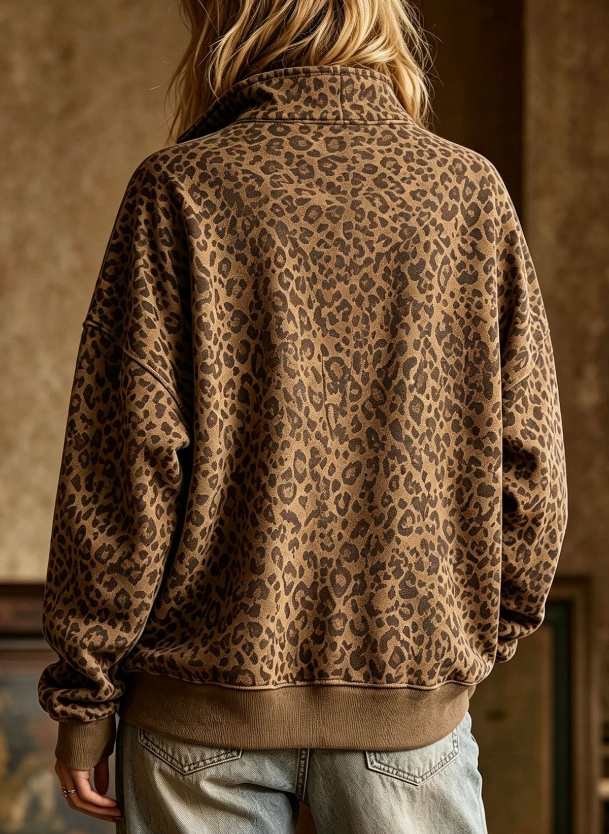 Oversized Leopard Sweatshirt With Half Zip Collar - Coffee - 2