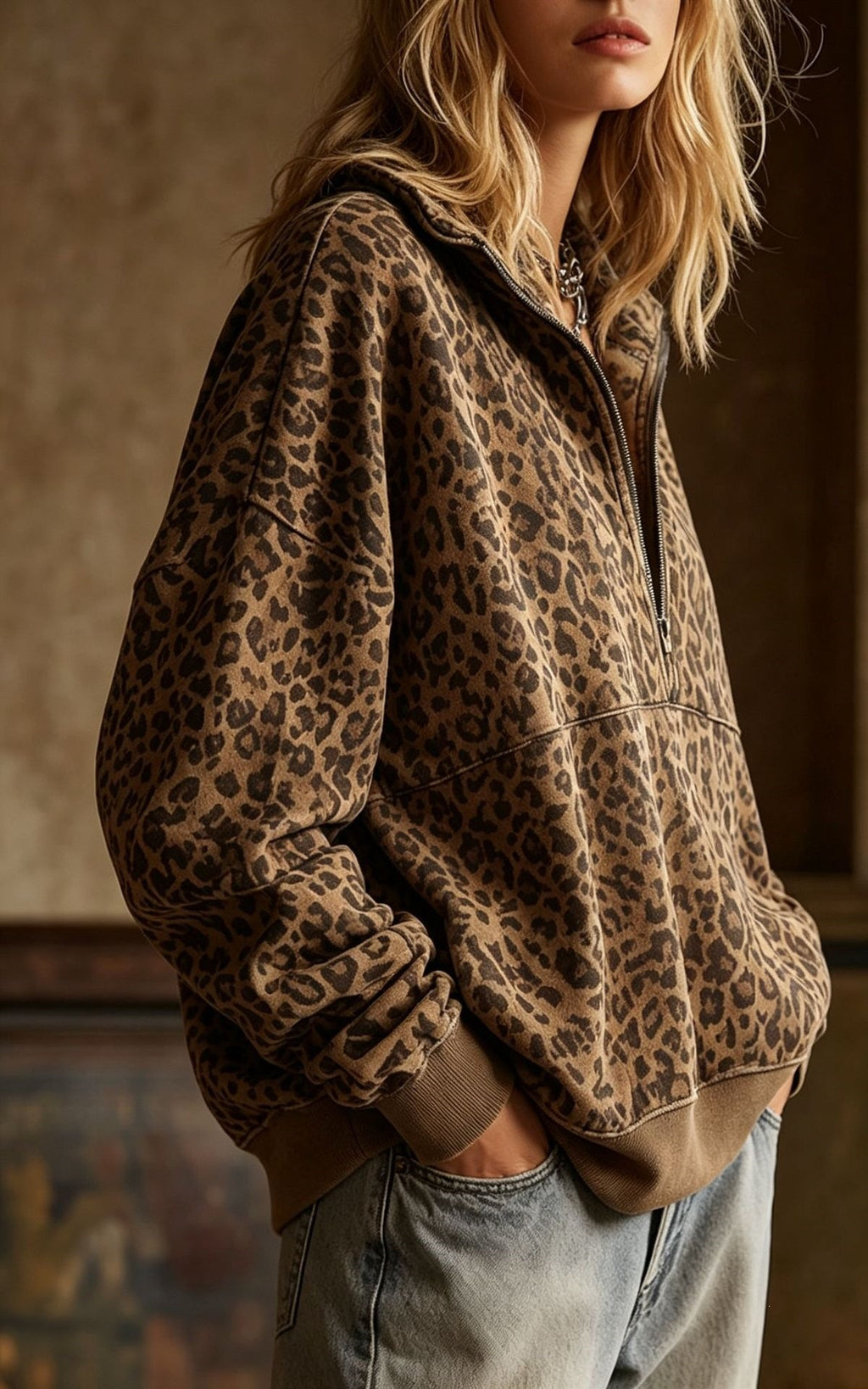 Oversized Leopard Sweatshirt With Half Zip Collar - Coffee - 3