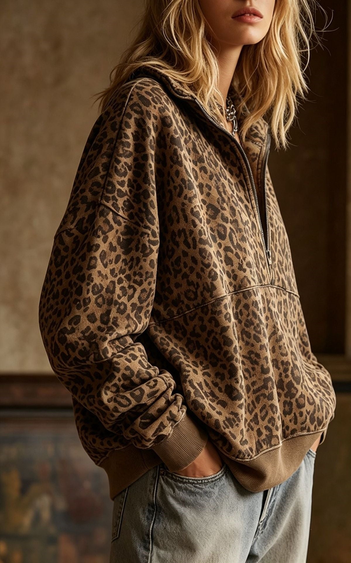 Oversized Leopard Sweatshirt With Half Zip Collar - Coffee - 3
