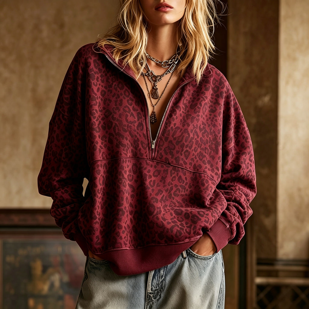 Oversized Leopard Sweatshirt With Half Zip Collar - WineRed