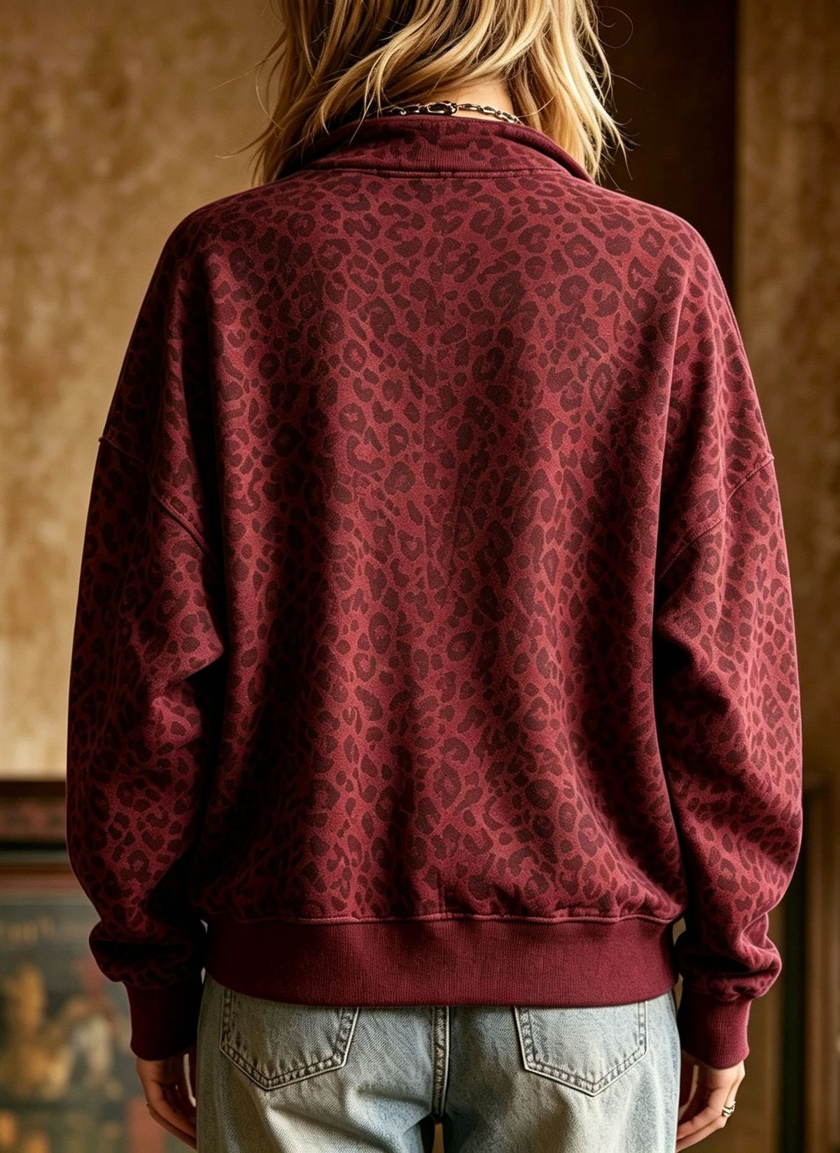 Oversized Leopard Sweatshirt With Half Zip Collar - WineRed - 1