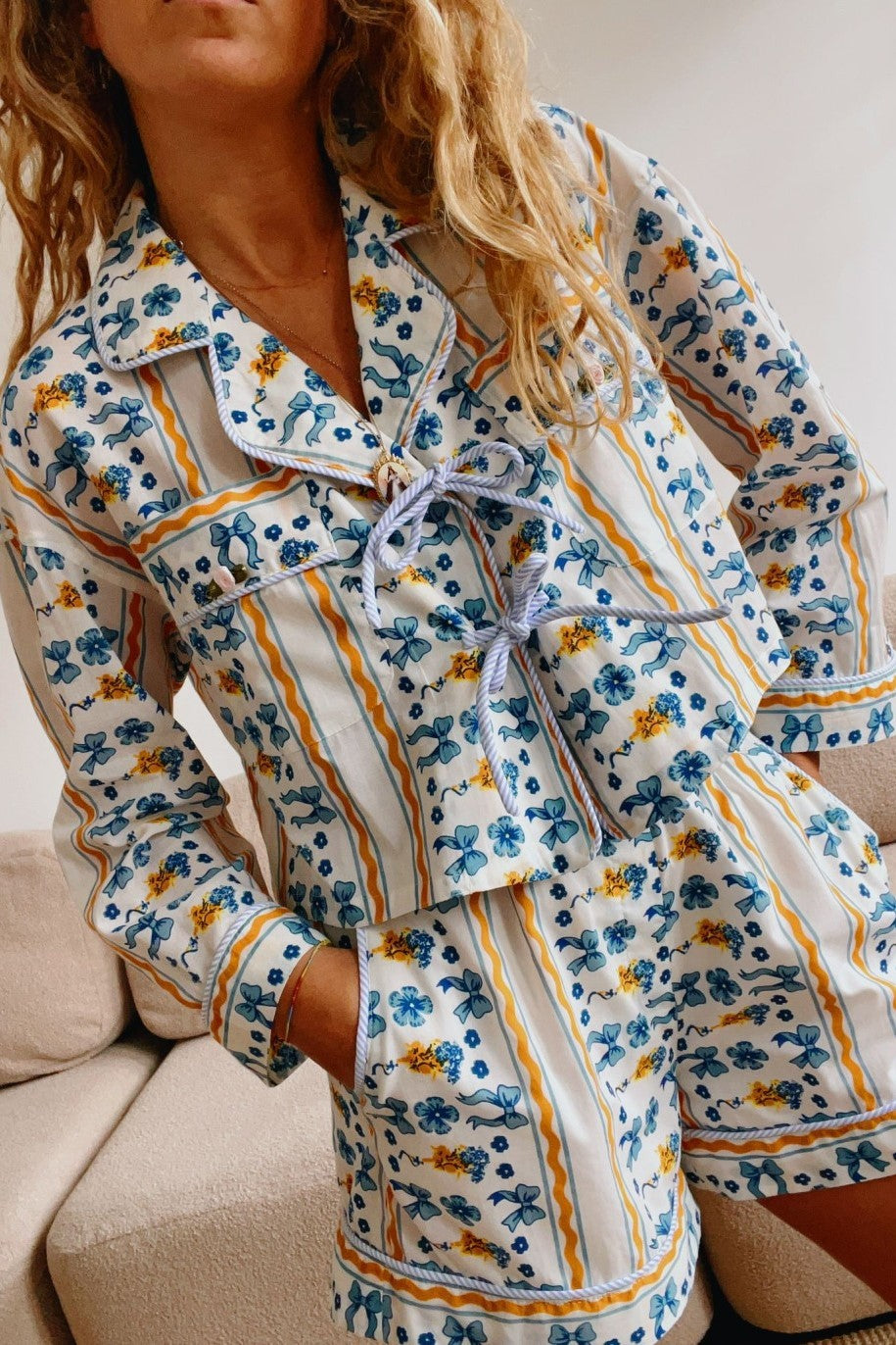 Printed Bow Tie Front Pajama Short Set - blue