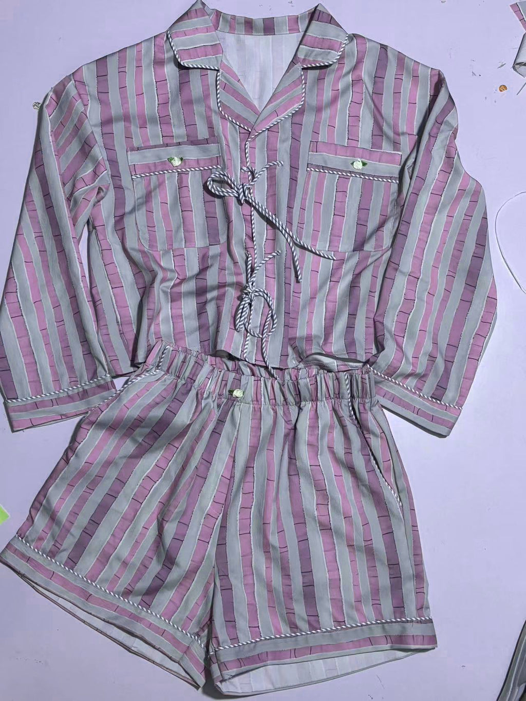 Printed Bow Tie Front Pajama Short Set - grey