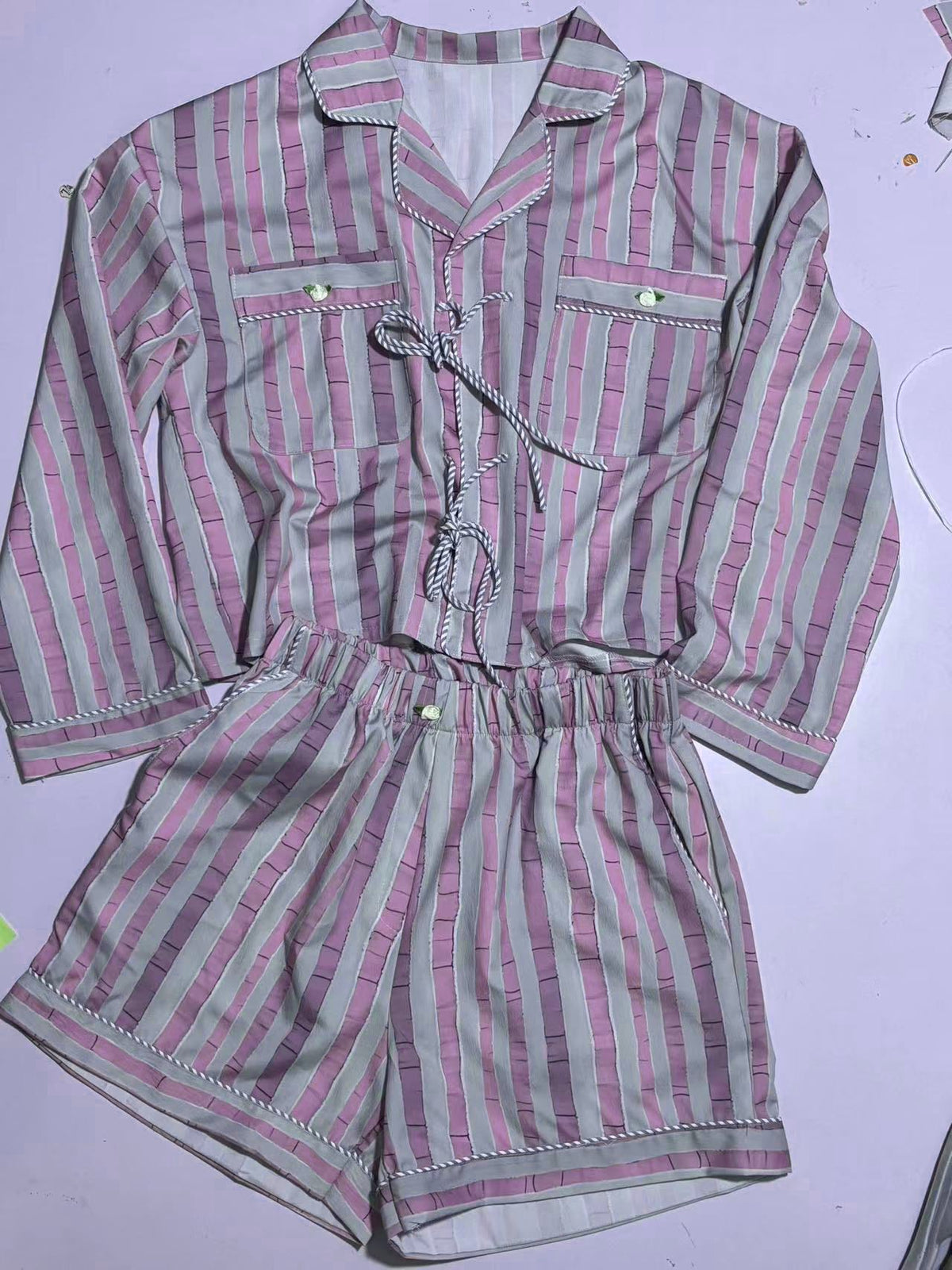 Printed Bow Tie Front Pajama Short Set - grey