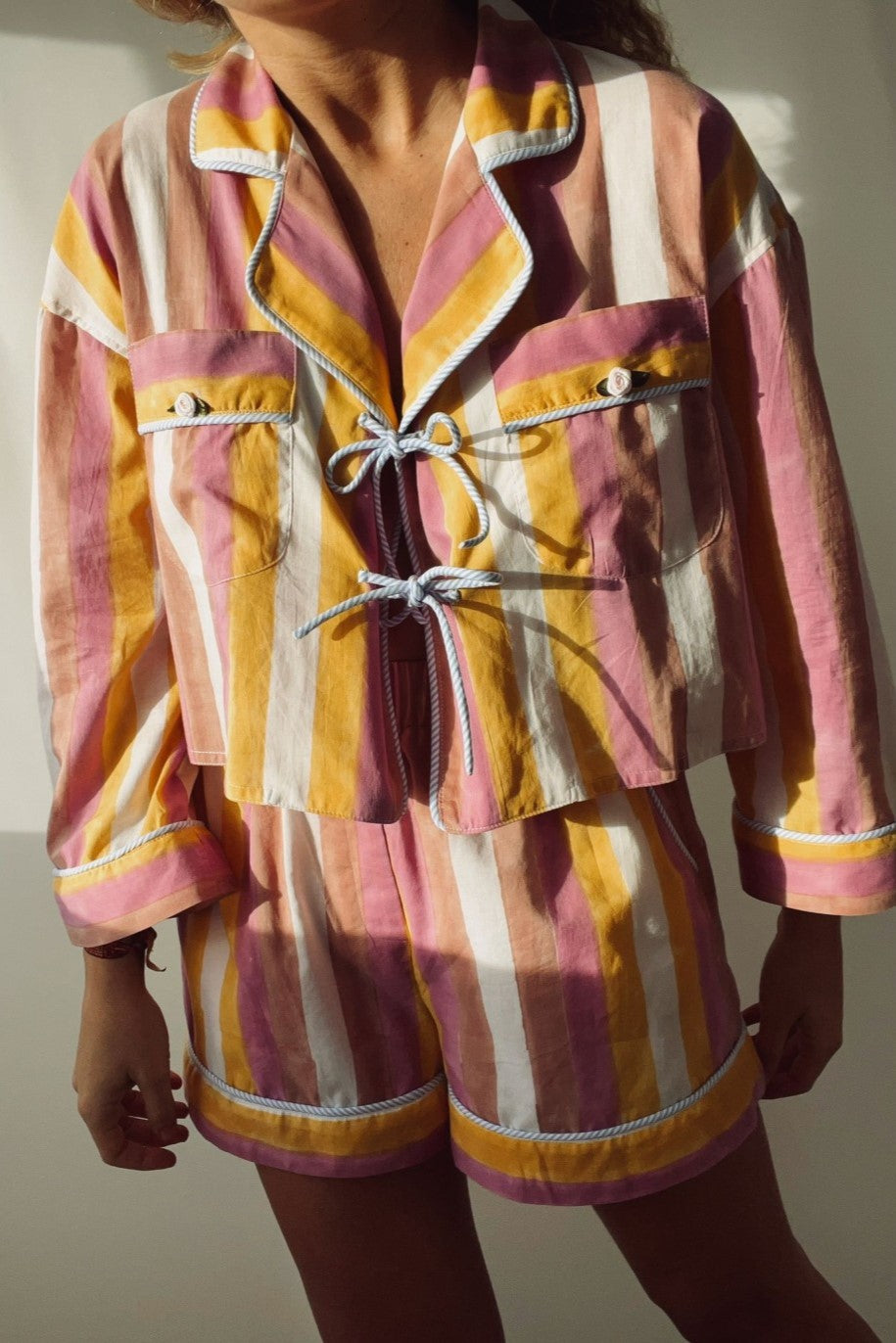 Printed Bow Tie Front Pajama Short Set - orange - 1