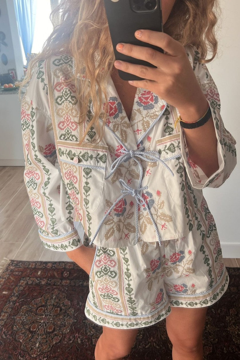 Printed Bow Tie Front Pajama Short Set - white