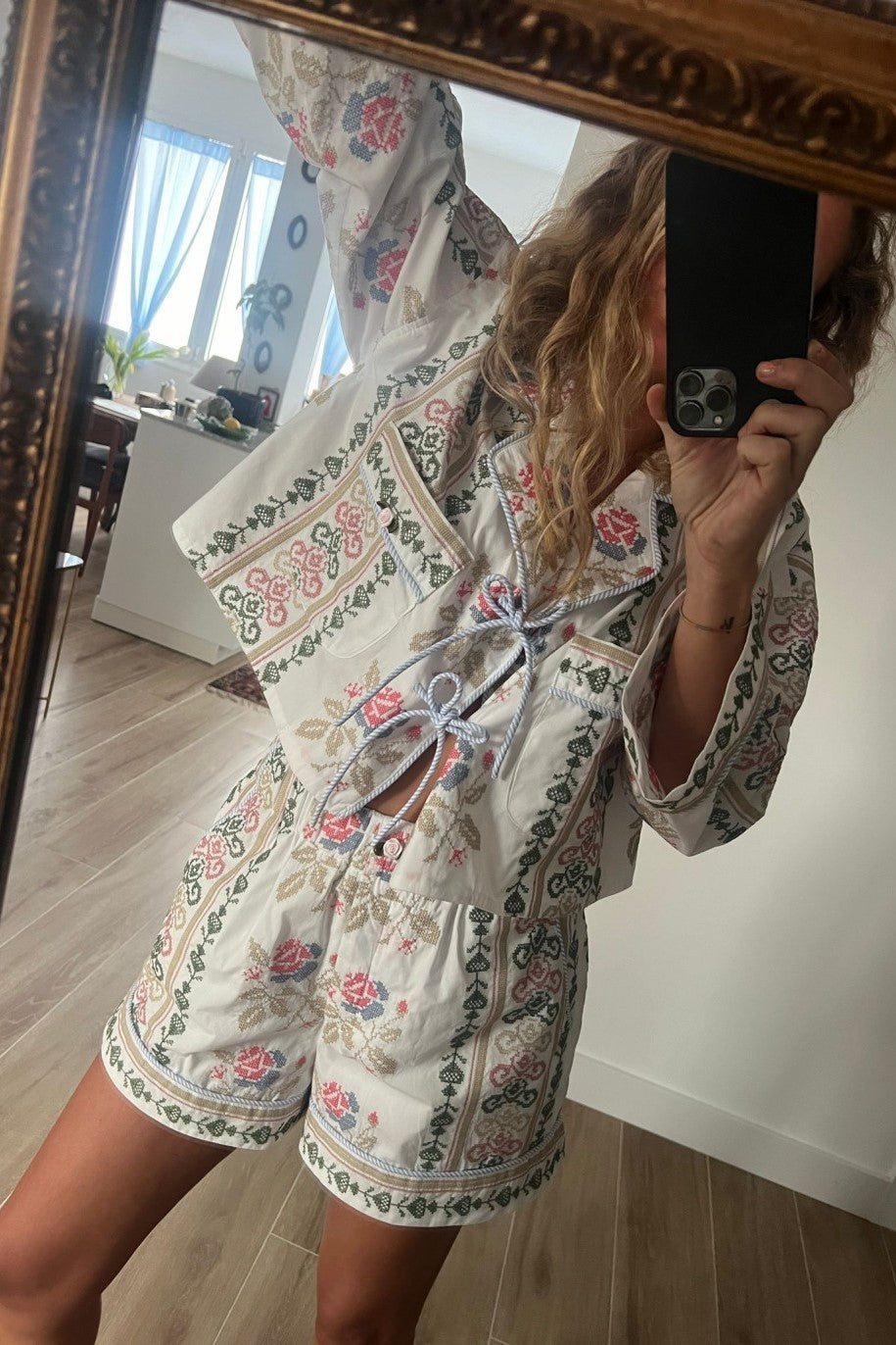 Printed Bow Tie Front Pajama Short Set - white - 1