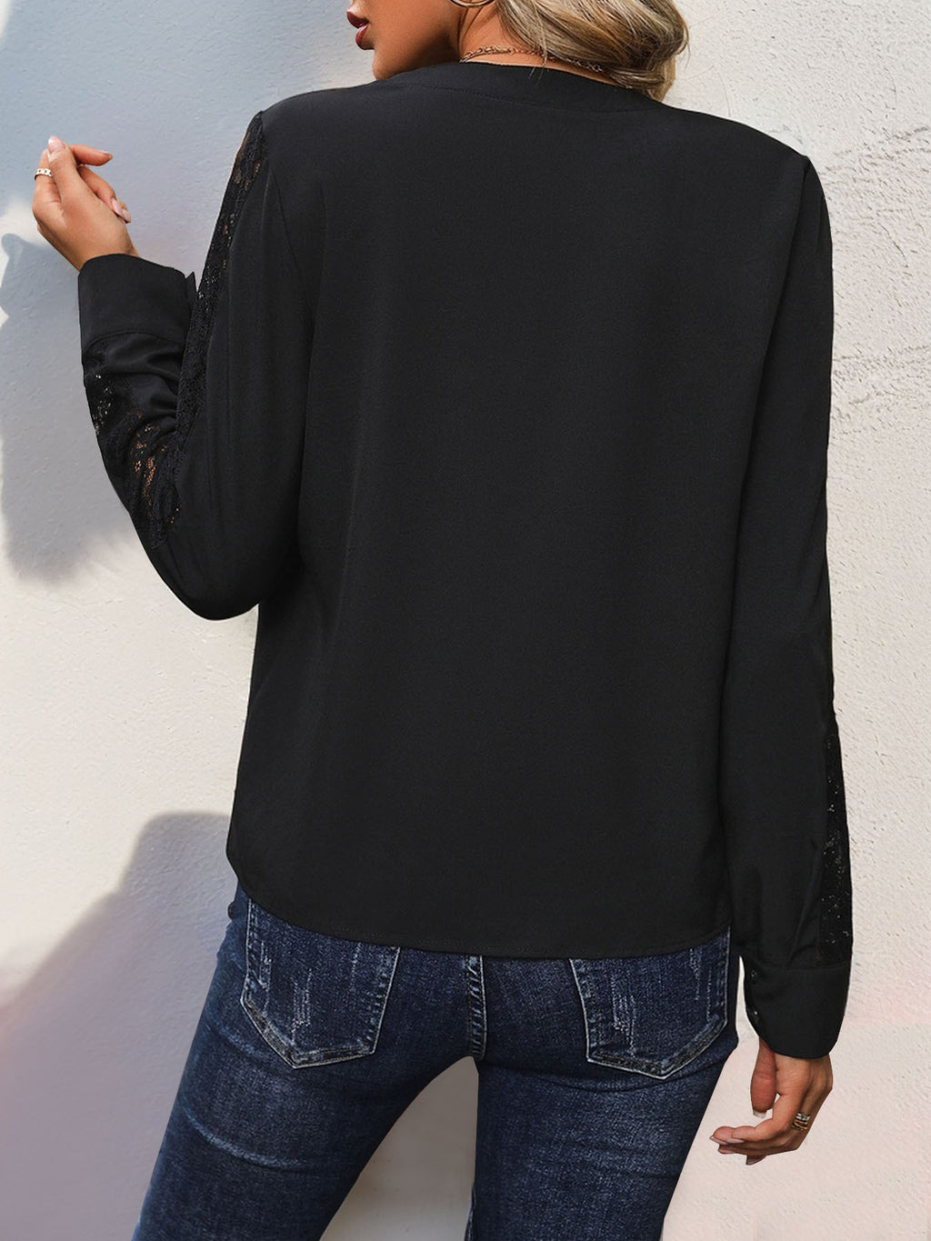 Lace Sleeve Notch Neck Blouse - Black - 2