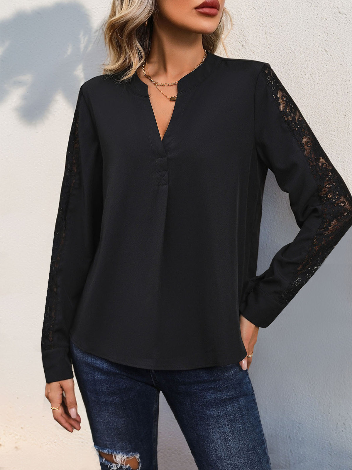 Lace Sleeve Notch Neck Blouse - Black - 3