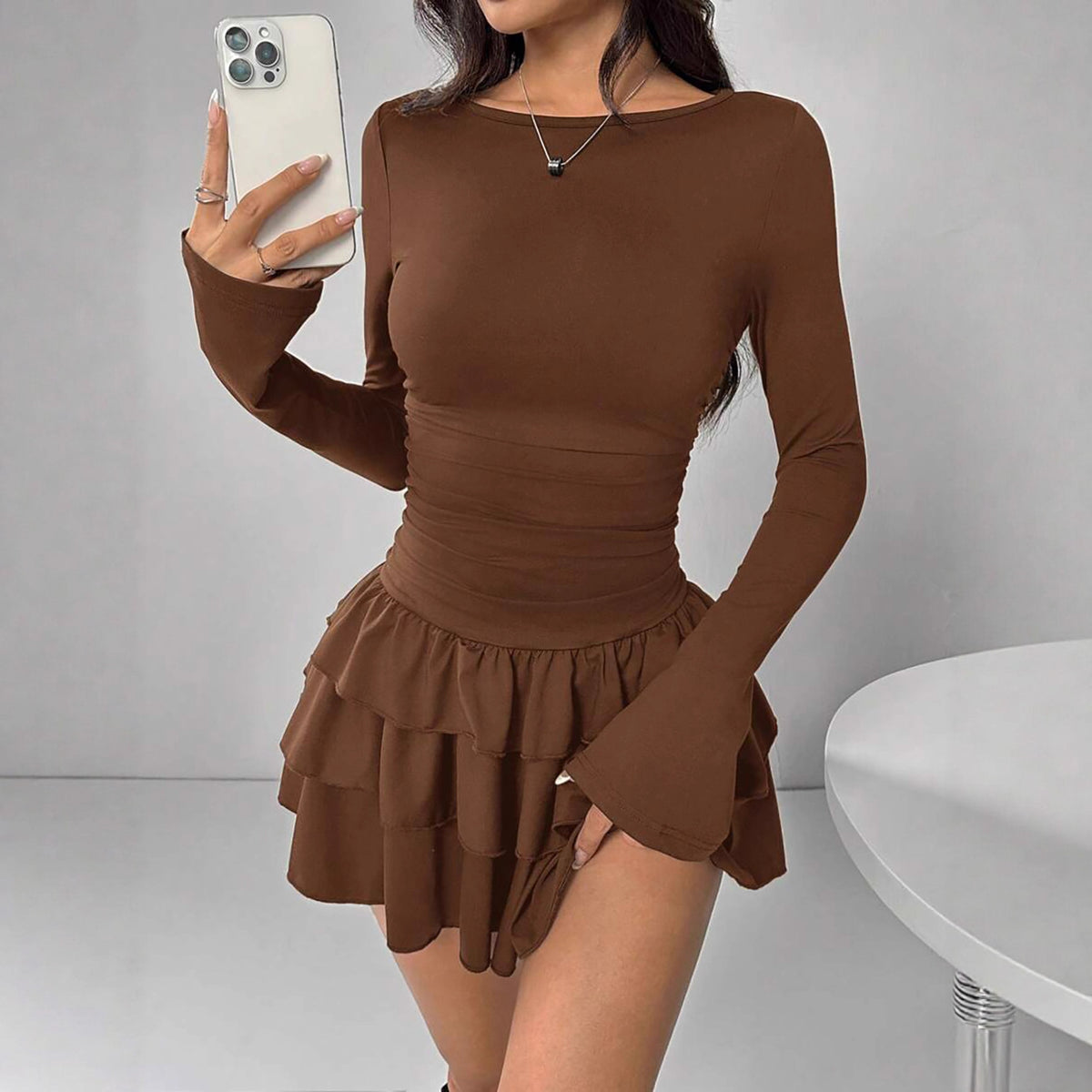 Long Sleeve Ruched Mini Dress With Ruffle Hem - Coffee