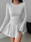 Long Sleeve Ruched Mini Dress With Ruffle Hem - White