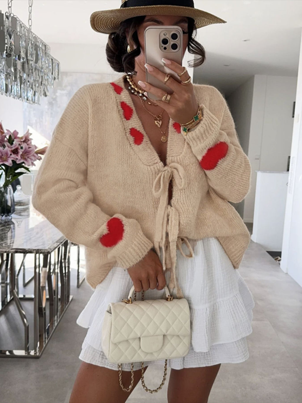 Heart Trim Lace Up Knit Cardigan - sand