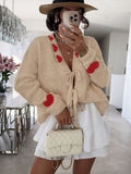 Heart Trim Lace Up Knit Cardigan - sand