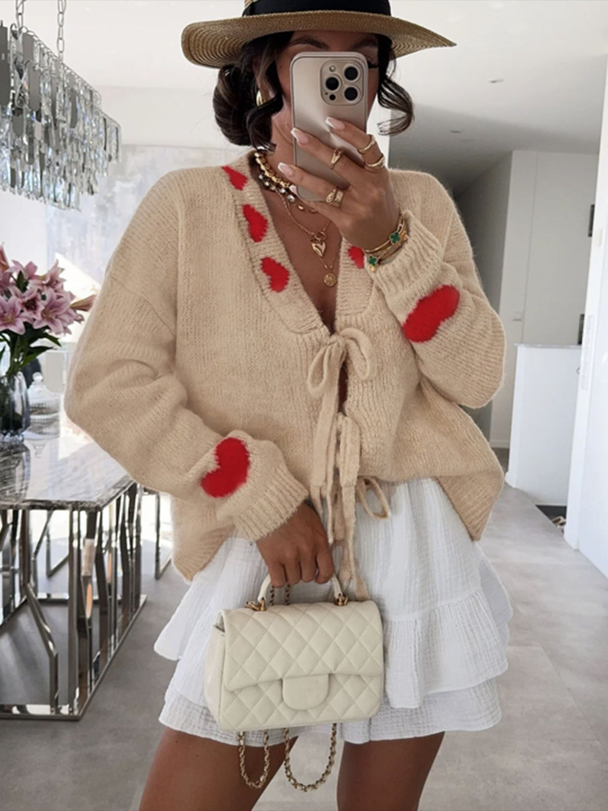 Heart Trim Lace Up Knit Cardigan - sand