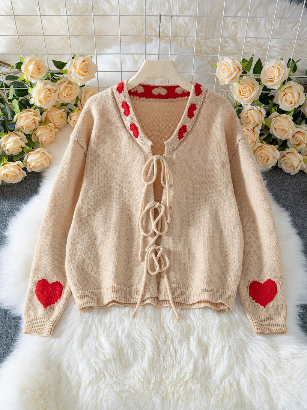 Heart Trim Lace Up Knit Cardigan - sand - 1