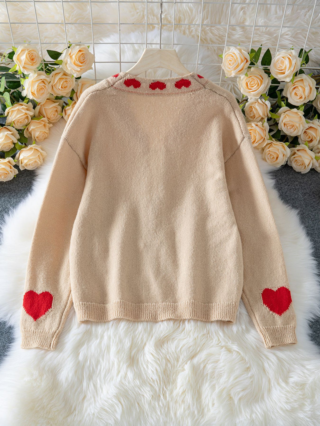 Heart Trim Lace Up Knit Cardigan - sand - 2
