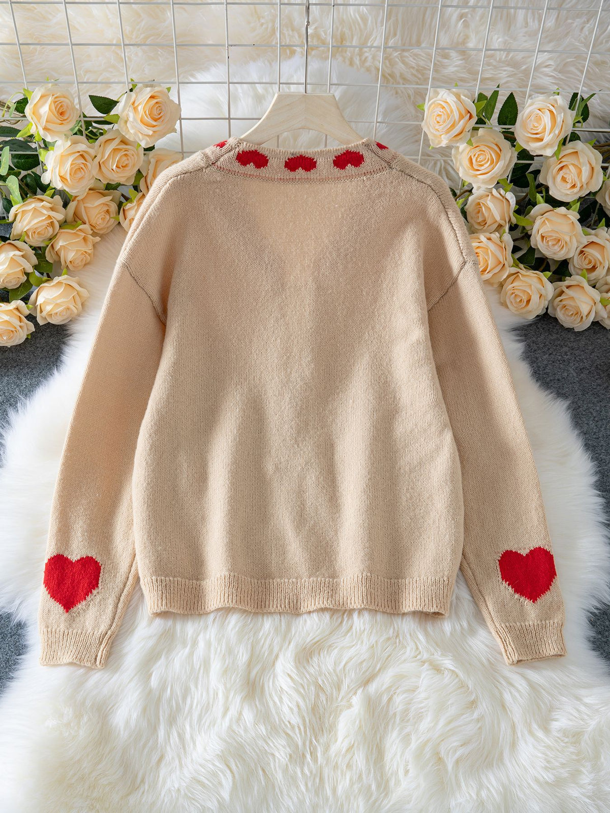 Heart Trim Lace Up Knit Cardigan - sand - 2