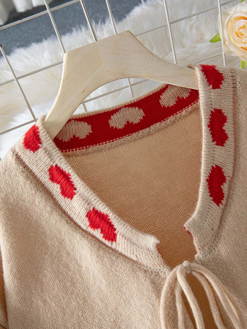 Heart Trim Lace Up Knit Cardigan - sand - 3