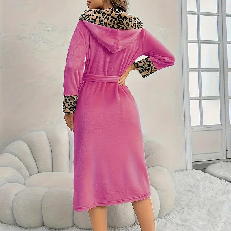 Leopard Trim Flannel Hooded Belted Midi Robe