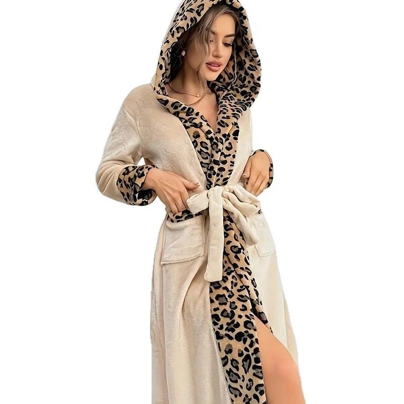 Leopard Trim Flannel Hooded Belted Midi Robe