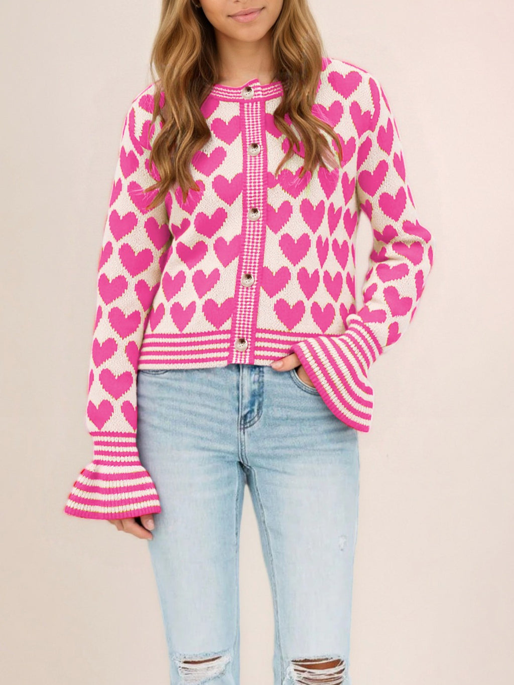 Heart Motif Ruffle Cuff Button Cardigan - Apricot