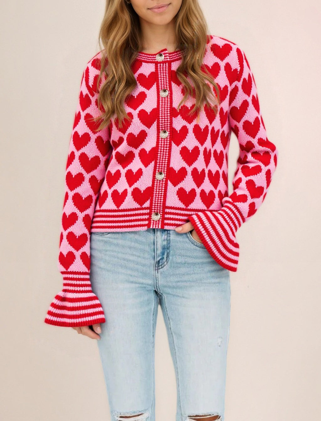 Heart Motif Ruffle Cuff Button Cardigan - Pink
