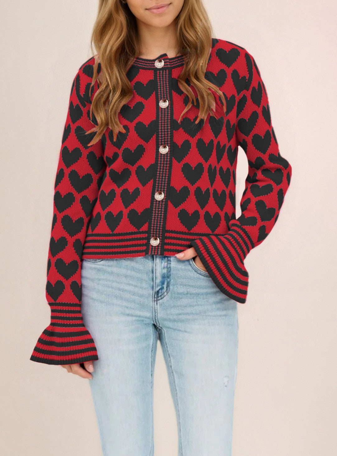 Heart Motif Ruffle Cuff Button Cardigan - Red