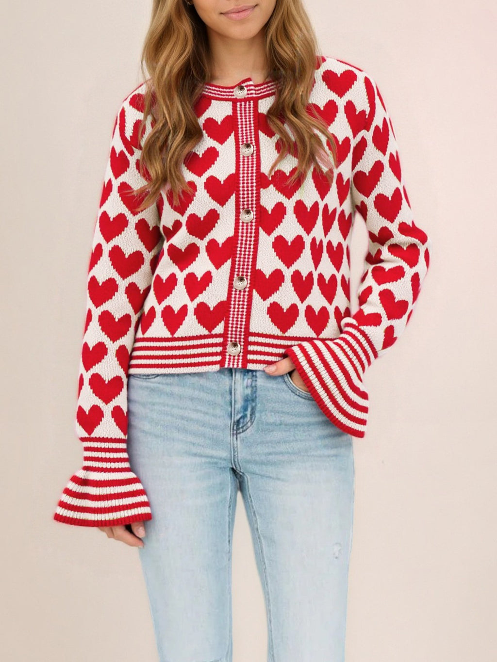 Heart Motif Ruffle Cuff Button Cardigan - White