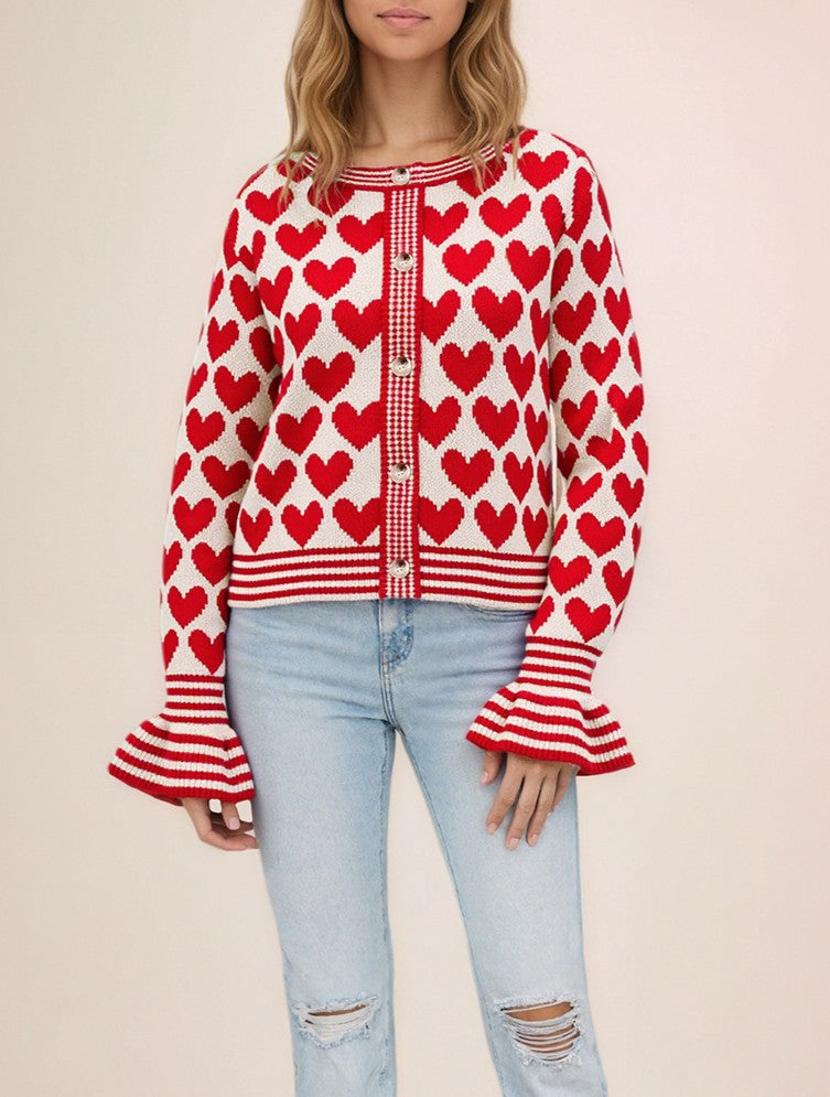 Heart Motif Ruffle Cuff Button Cardigan - White - 1