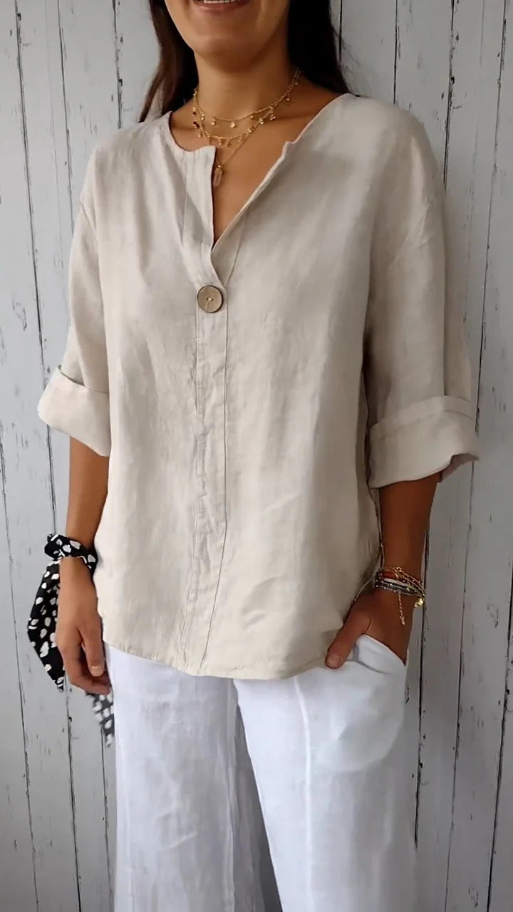Linen Blend Button V Neck T-Shirt - Apricot