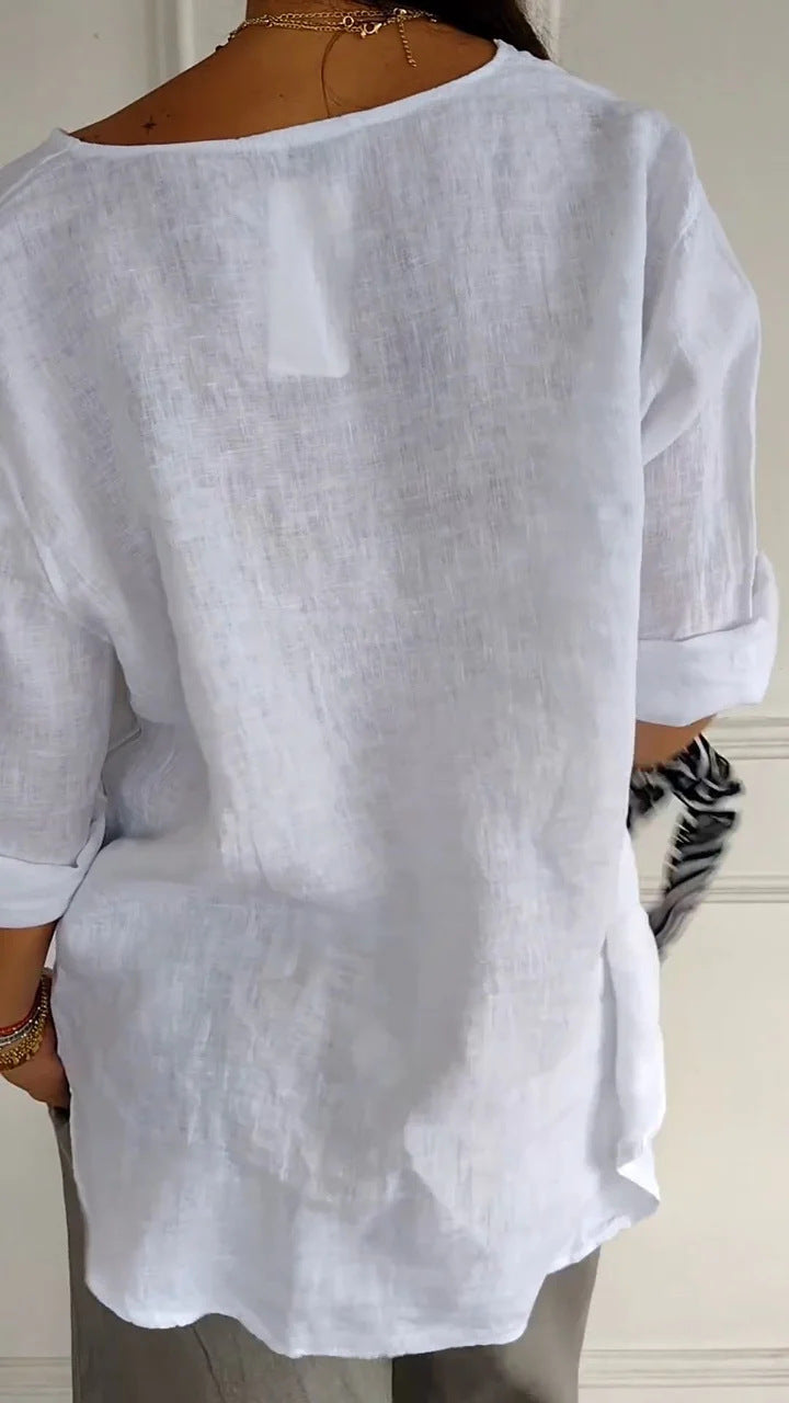 Linen Blend Button V Neck T-Shirt