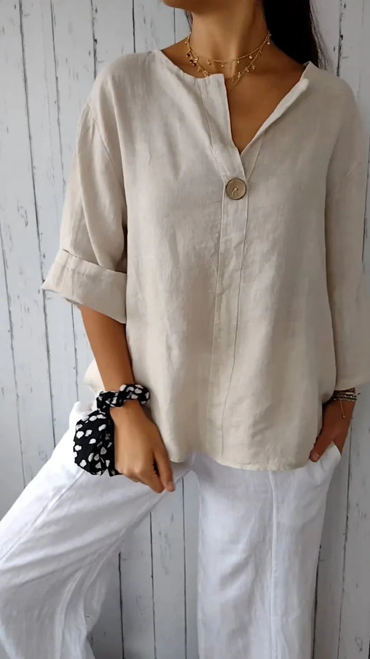 Linen Blend Button V Neck T-Shirt - view 1
