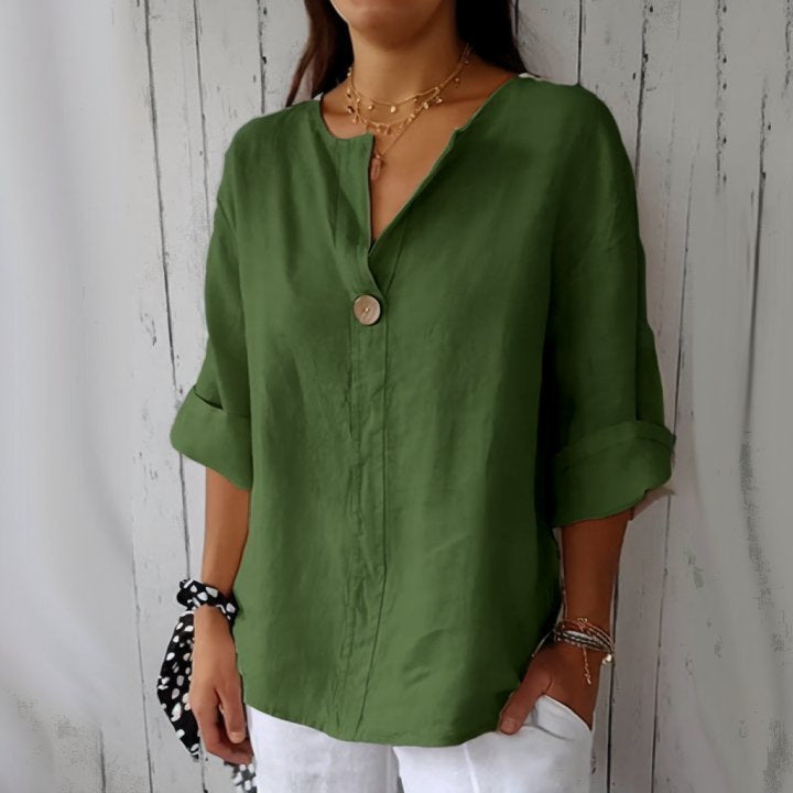 Linen Blend Button V Neck T-Shirt - green