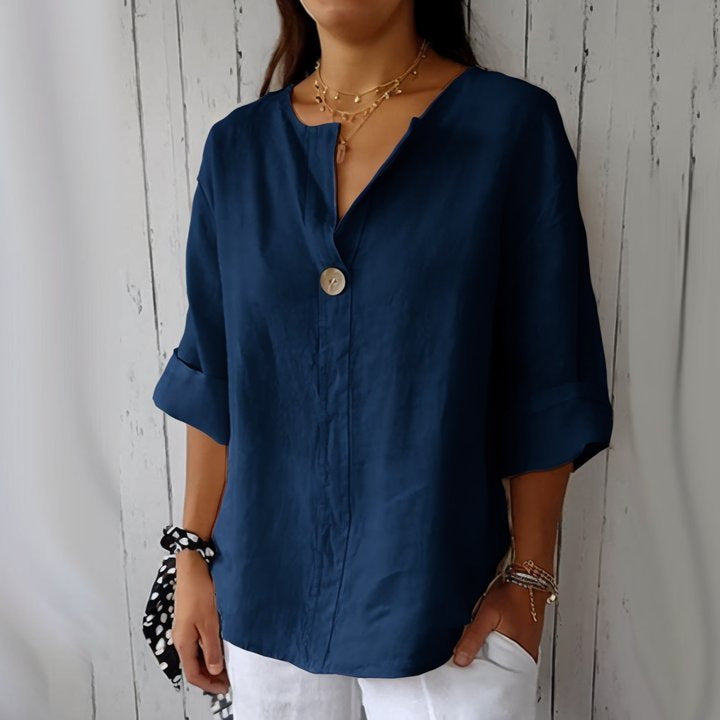 Linen Blend Button V Neck T-Shirt - navy