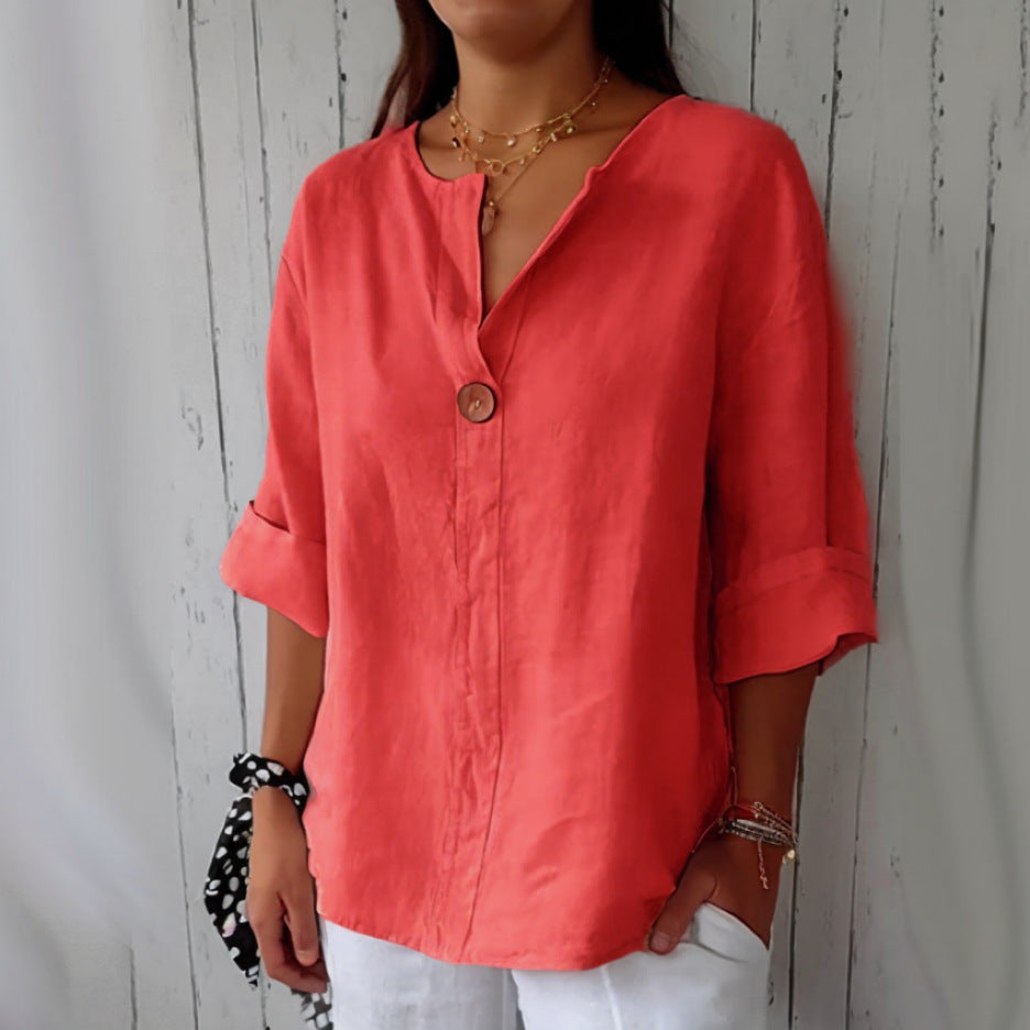 Linen Blend Button V Neck T-Shirt - red