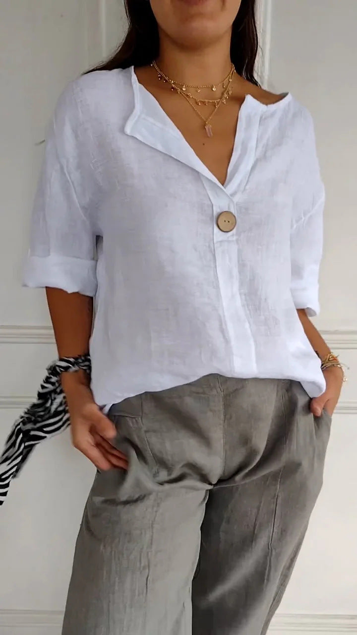 Linen Blend Button V Neck T-Shirt - white
